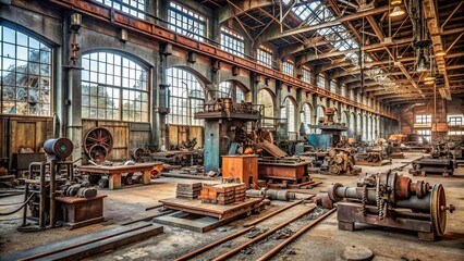 Naklejka premium Rusty iron tools and machinery in an abandoned warehouse, rusty, vintage, industrial, metal, aged, weathered, antique, equipment