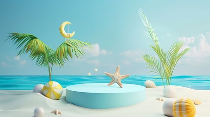 Obraz premium 3D podium stand for product presentation with a summer vacation theme