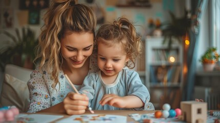 Fototapeta premium A woman and a child sit at a table before a container of beads and wooden blocks