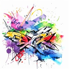 Watercolor painting of a graffiti piece blending different textures, on isolated white background