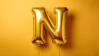 Fototapeta premium Gold foil balloon shaped like the letter 'N' on a yellow background, ideal for celebrations, parties, and events.