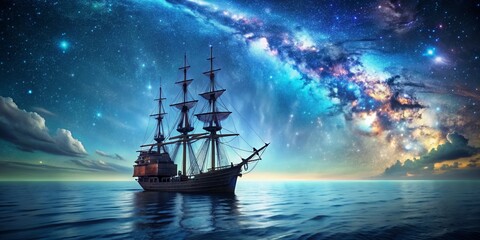 Fototapeta premium Pirate ship sailing in bioluminescent sea with galaxy in sky, pirate ship, bioluminescence, sea, galaxy, stars