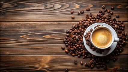 Rich crema topped coffee cup on wooden background with scattered beans, coffee, crema, steam, wooden, background, beans, espresso