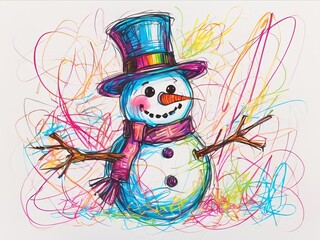 Snowman in chaotic scribbles crayon drawing style