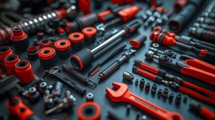 Fototapeta premium Variety of Car Maintenance Tools and Equipment. Detailed display of various car maintenance tools and equipment, including wrenches, sockets, and screwdrivers, organized neatly.