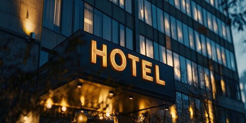 Hotel exterior with an illuminated sign HOTEL on the building facade at night. Modern luxury hotel building skyscraper design, architectural concept for a travel and business landmark.