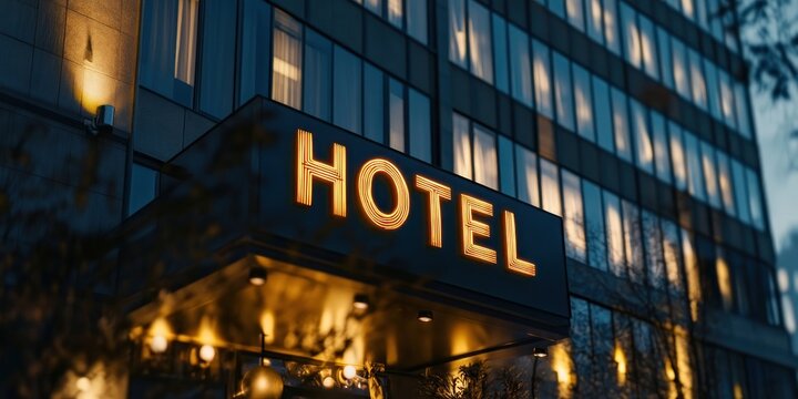 Hotel exterior with an illuminated sign HOTEL on the building facade at night. Modern luxury hotel building skyscraper design, architectural concept for a travel and business landmark.