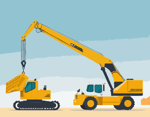 Construction equipment excavator crane for transporting goods and building construction. flat design vector illustration isolated white background