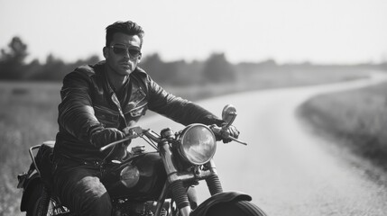 Naklejka premium Retro Biker Dude: Man in 1950s Motorcycle Gear Posing on Vintage Bike with Blurred Road Background