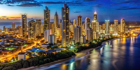 Fototapeta premium City skyline of Gold Coast at night with lights shining, captured from Miami hill, Gold Coast, cityscape, night
