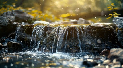 A tight shot of a flowing water stream, featuring nearby rocks in the foreground, and trees, bushes in the distance