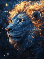 Naklejka premium A majestic lion surrounded by celestial elements and constellations, combining themes of astrology and mythology.