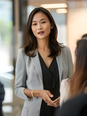 Obraz premium Malaysian businesswoman wearing fitted black dress, grey blazer, gold bracelet having a meeting in office