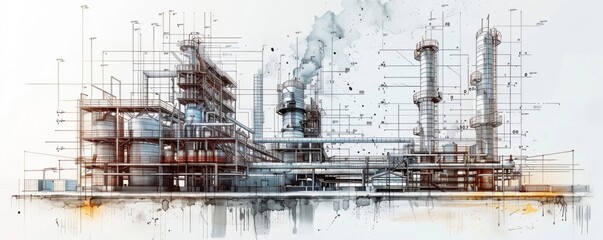 Industrial Complex Blueprint Watercolor Illustration