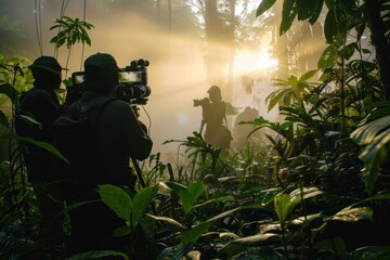 Documentary Film Crew Capturing Early Morning Footage in Pristine Forest for Conservation Awareness