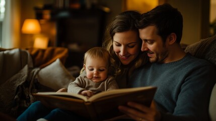 Parents read a storybook to their child in a cozy living room, surrounded by soft lighting and a warm atmosphere, creating a cherished family moment
