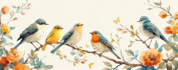 Hand-drawn whimsical birds on a white backdrop, doodle design, playful avians