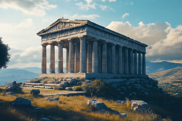 A majestic and ancient greek temple standing tall on a rugged hill top