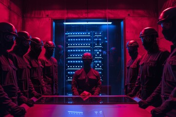 Dramatic Heist Scene with Masked Robbers Planning Inside High Tech Vault - Stock Photo for Crime Concept Designs