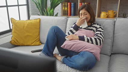 Obraz premium Mature hispanic woman crying at home on a couch, holding a tissue, with a blurred background of a living room interior.