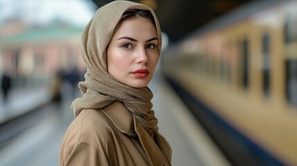 Vintage 1940s Wartime Fashion Portrait: Elegant Woman in Trench Coat and Headscarf at Blurred Historic Train Station