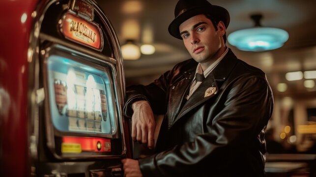 Retro Greaser Man Leaning on Jukebox in Vintage Diner Setting