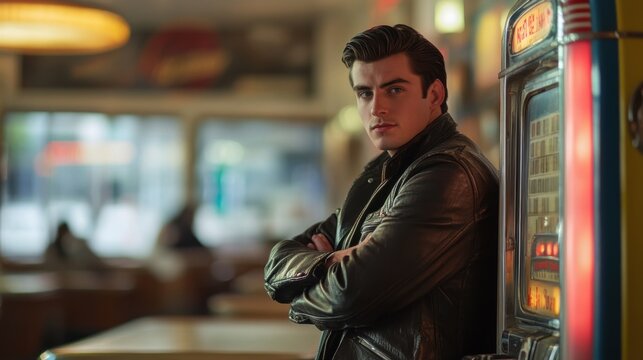 Retro Greaser Man Leaning on Jukebox in 1950s Diner Setting
