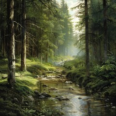 Obraz premium A painting of a forest stream, surrounded by dense tree foliage on either side