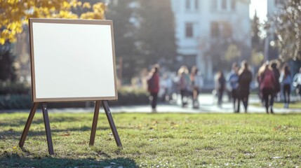 A blank signboard stands on a school campus bulletin board, inviting announcements and information as students walk by in the afternoon light