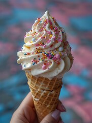Perfectly swirled soft ice cream cones, topped with bold rainbow sprinkles, express the fun and joy of enjoying a cool holiday dessert.
