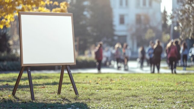 A blank signboard stands on a school campus bulletin board, inviting announcements and information as students walk by in the afternoon light