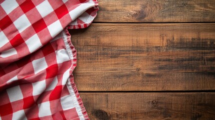 A vibrant red and white gingham checkered tablecloth elegantly drapes over a weathered wooden table, creating a warm and inviting atmosphere