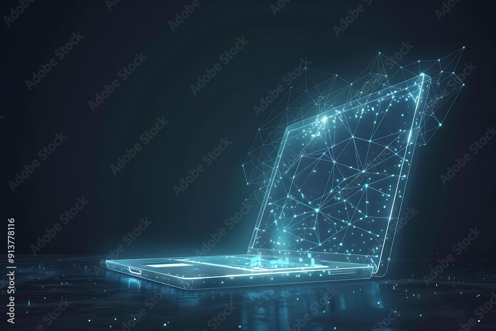 Sticker Polygonal wireframe mesh futuristic with laptop concept sign on dark background.