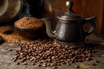 Ground coffee in traditional coffee maker placed on table with scattered roasted grains with generative ai