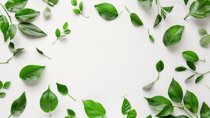 Green leaves create a border on a white background. Empty space for text. ecology concept