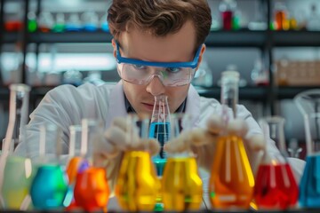 An individual wearing a lab coat performing tasks in a lab setting, A chemist analyzing chemical compounds in a lab, AI generated