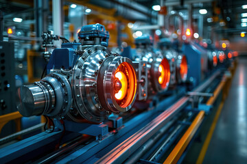 Advanced Aircraft Engine in Production Line. Close-up view of an advanced aircraft engine in a production line, showcasing the intricate engineering and technology.