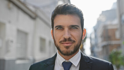 Fototapeta premium Handsome hispanic businessman with a beard posing confidently on a sunny urban street.