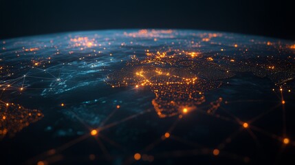 A wide-angle view showcases a futuristic global network, featuring glowing connections and nodes illuminating the dark landscape