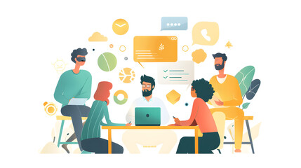 Diverse group of coworkers brainstorming together, surrounded by digital devices, papers, and coffee cups.