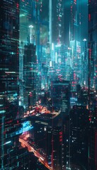 Naklejka premium Futuristic Cityscape with Holographic Data Streams Representing Advanced Mobile Network Traffic