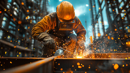 Construction welder in protective clothing and helmet welding steel. Bright sparks illuminating the workspace. Metalworking and industrial labor concept for posters, banners and advertising