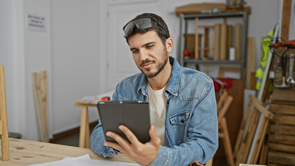 A young hispanic man with a beard wearing a denim jacket uses a tablet in a carpentry workshop.