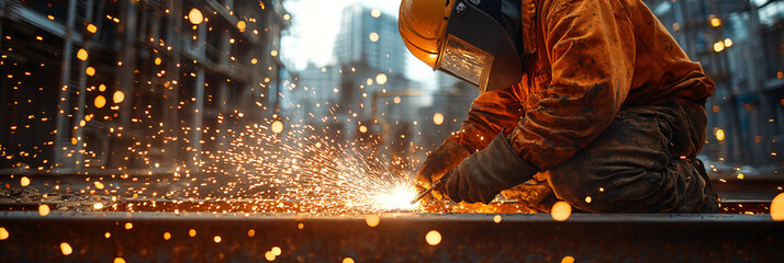 Welder wearing safety gear and helmet working at a construction site. Sparks flying during welding process. Industrial labor and metalwork concept for posters, banners and advertising