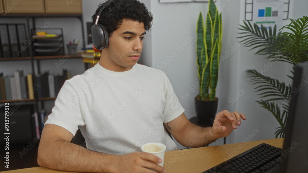 Sticker A young hispanic man works intently at a computer in a modern office while wearing headphones and holding a coffee cup.