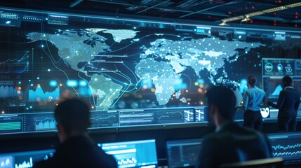Global Network Operations Center Monitoring Data Flow Across Continents with Engineers Analyzing Routes