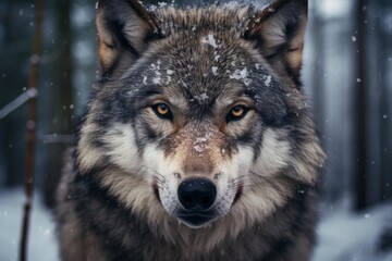 Naklejka premium Close-up portrait of a wolf with piercing eyes amidst falling snowflakes