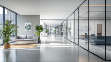 Fototapeta premium A stylish open-plan office showcases glass partitions, minimalist decor, and abundant natural light, creating a bright and inviting workspace for productivity
