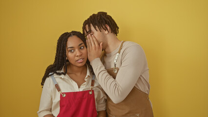 Woman in red apron listens as man in beige smock whispers, implying a secret shared in a floral...