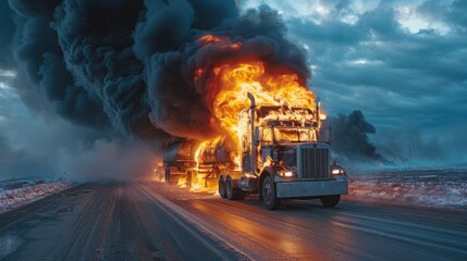 Burning Semi-Trailer Truck on a Snowy Road